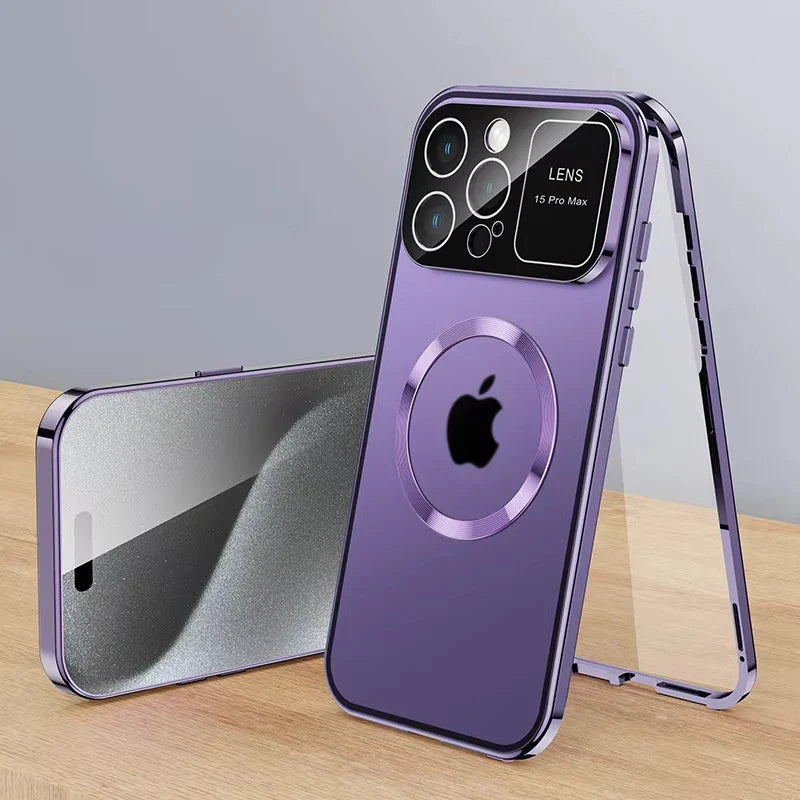 For iPhone 16 15 14 13 12 Pro Max Large Window Lens Protection Aluminum Metal Magnetic Case