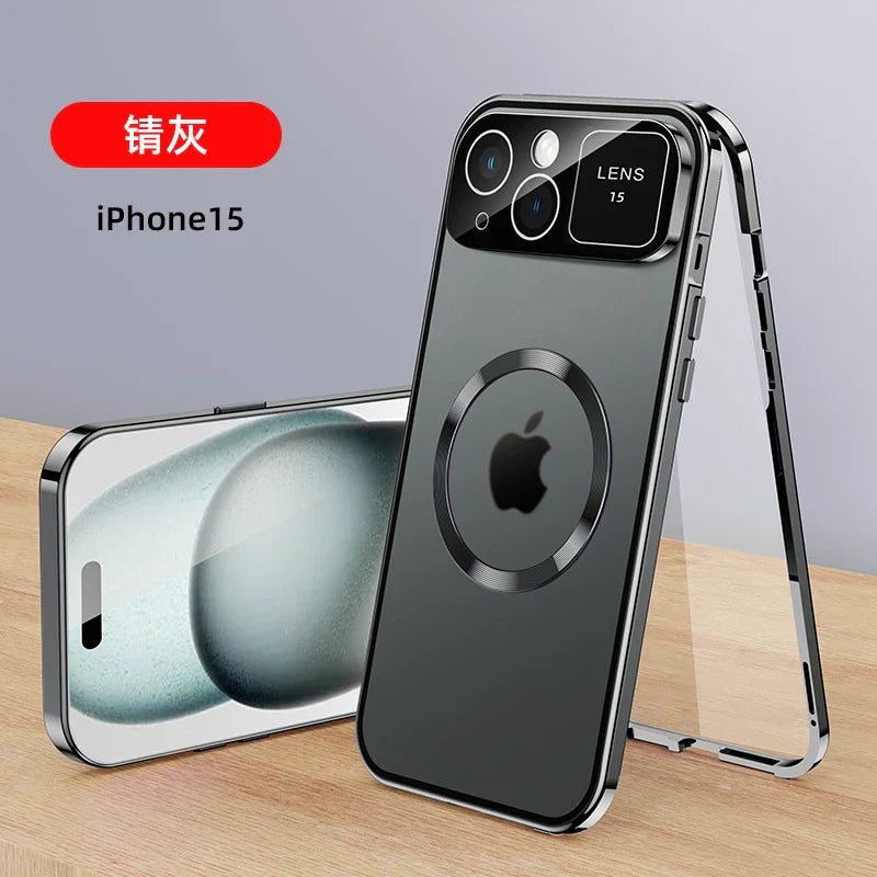 For iPhone 16 15 14 13 12 Pro Max Large Window Lens Protection Aluminum Metal Magnetic Case