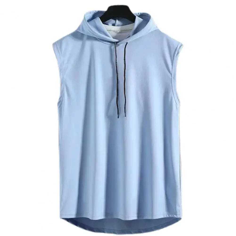 Silk Summer Muscle Hoodie Vest Sleeveless Bodybuilding Gym Workout Fitness Shirt