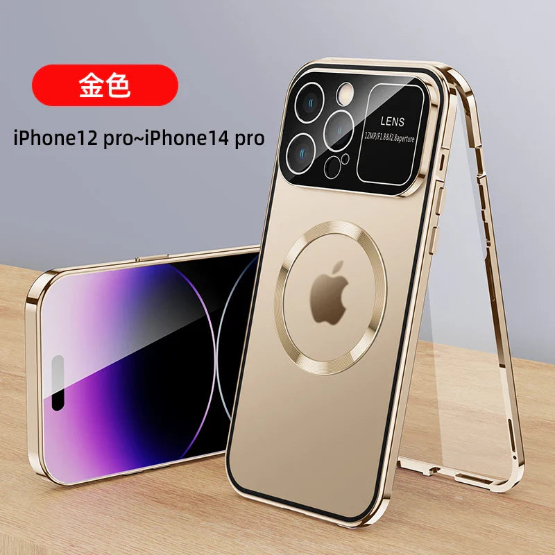 For iPhone 16 15 14 13 12 Pro Max Large Window Lens Protection Aluminum Metal Magnetic Case
